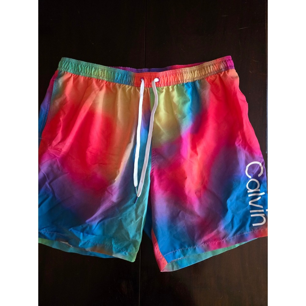 Calvin Klein Mens XXL Rainbow Tie Dye Swim Trunks Mesh Lined Board Shorts Logo